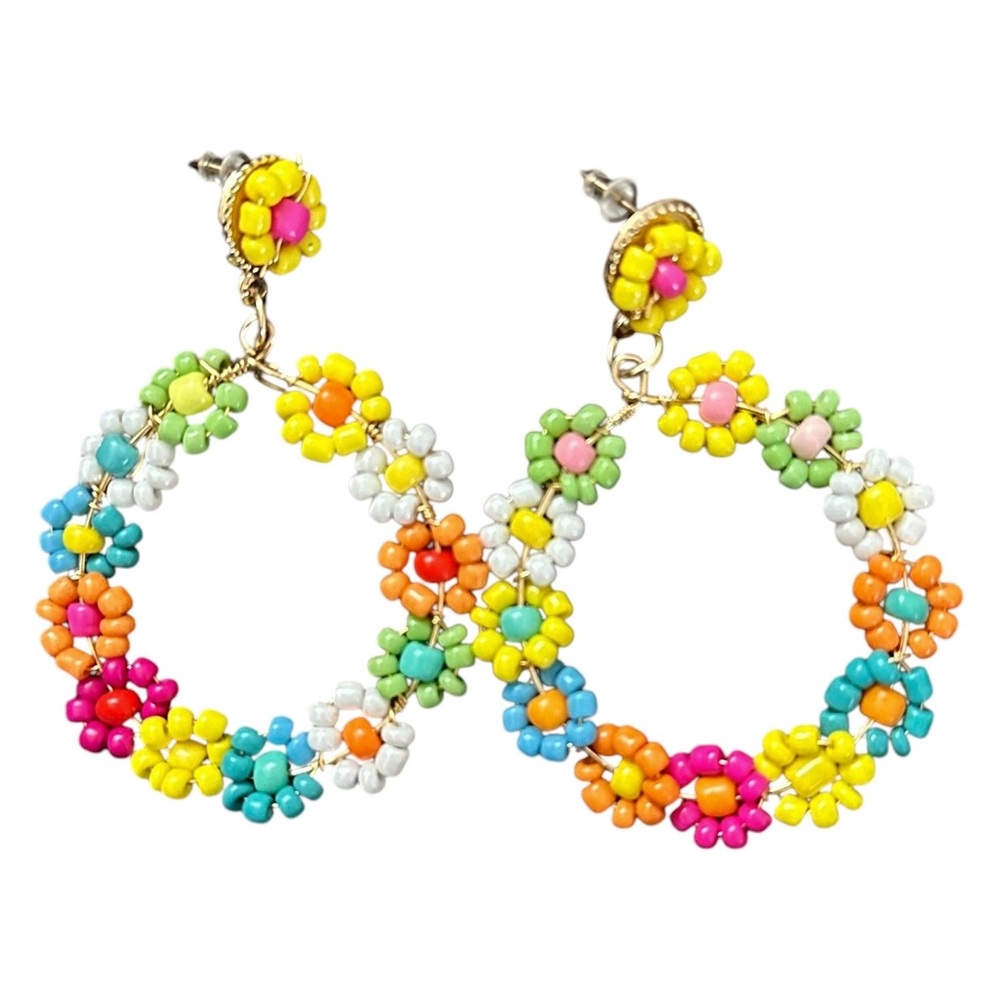 Colorful Multicolor Floral Beaded Earrings with Gold Colored Accents